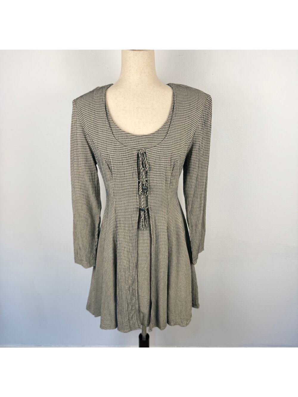 Vintage 90s Scarlett Houndstooth Long Sleeve Mino Tie Front Dress Women's Small